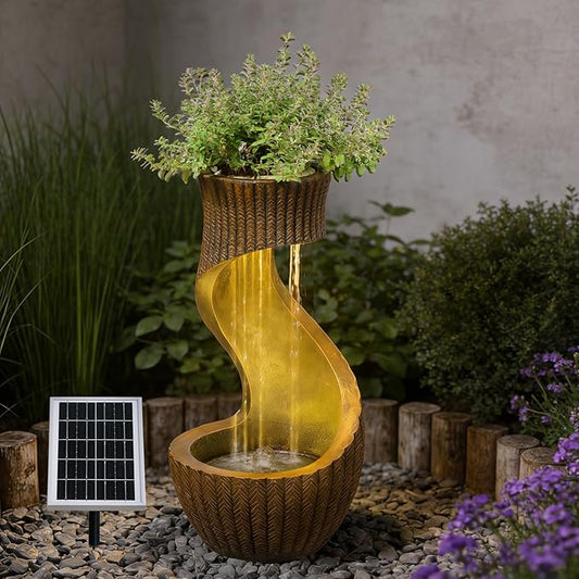 26.77" H Solar Water Fountain S-Curved Solar Powered Water Fountain, Garden Cascading Waterfall Feature with LED Lights & Planter Bowl for Patio,Yard, Porch and Home Decor
