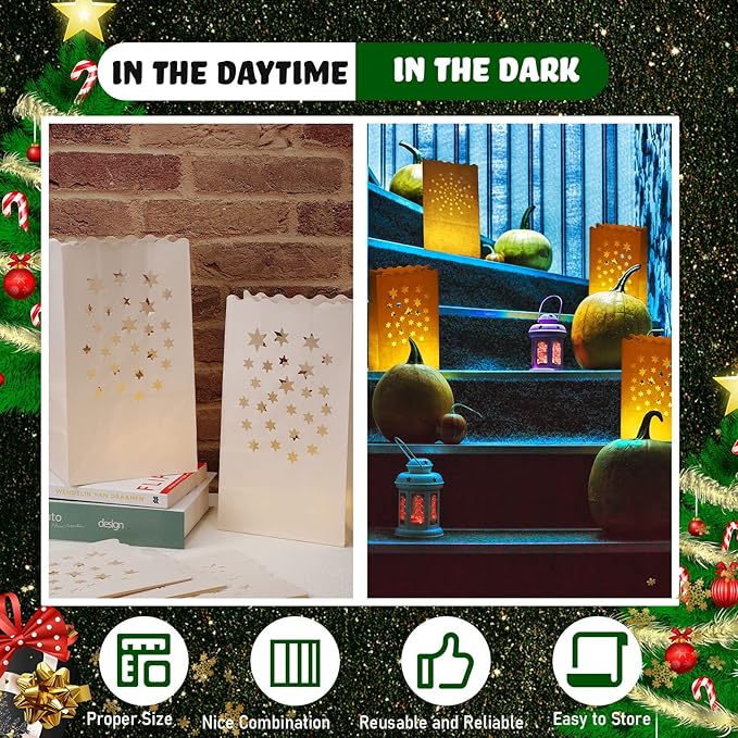 Sabary 50 Sets Luminary Bags with Flameless Tea Lights Outdoor Luminaries LED Lantern Candle Bags for Wedding Birthday Ramadan Christmas Party Decorations Romantic Decor(Star)