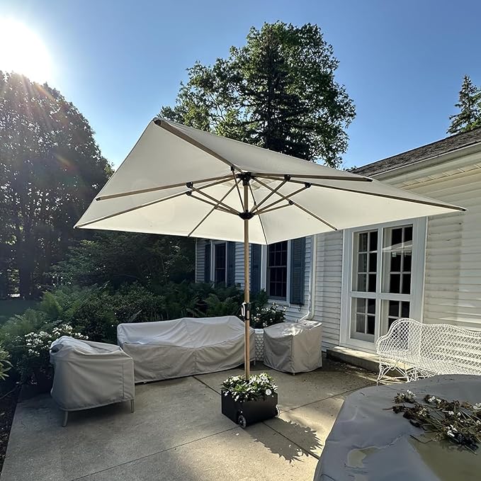 PURPLE LEAF 10' x 10' Square Patio Umbrella with Base Outdoor Umbrella Market Umbrella with Crank & 8 Ribs Aluminum Outdoor Table Umbrella for Pool Deck Backyard, Cream