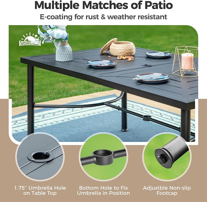 SUNSHINE VALLEY Patio Dining Set for 6, 64" Rectangular Metal Dining Table with Umbrella Hole and 6 Chairs, Outdoor Table and Chairs Set for Lawn Garden Backyard and Deck, Brown