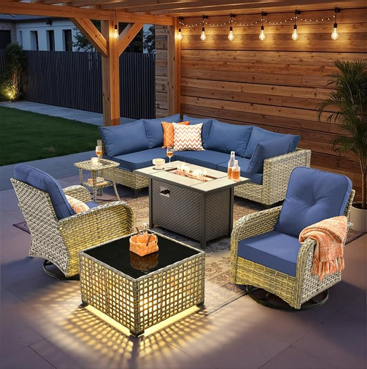 9 Pieces Patio Sectional Furniture Set, Outdoor Wicker Sectional Couch with Firepit Swivel Rocker Chairs Solar Lights Table, Modern Conversation Set for Porch Balcony Backyard, Navy Blue