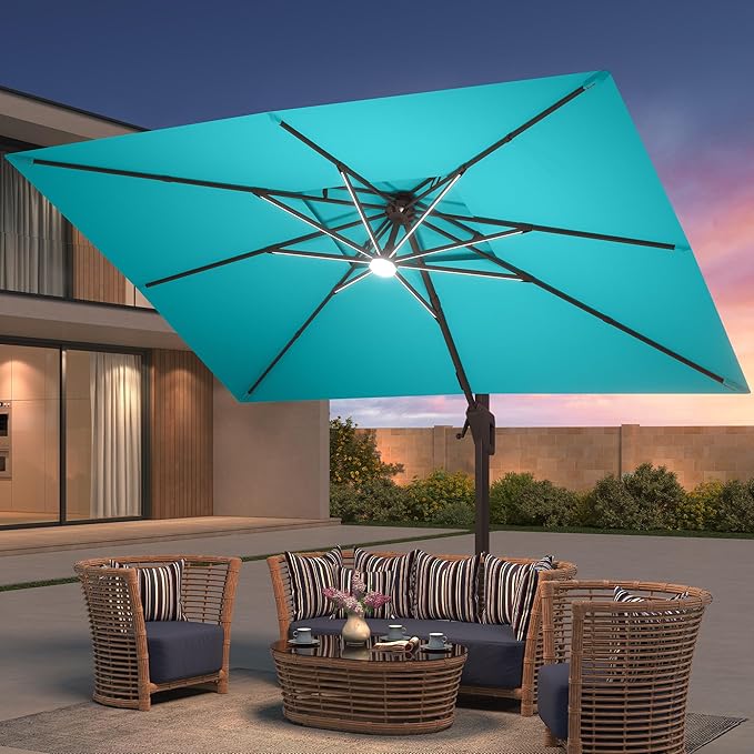 9x12 FT Patio Umbrella with LED Lights Cantilever Outdoor Large Heavy Duty Rectangle Aluminum Offset Umbrellas Double Top 360 Rotation 7 Tilt Adjustment for Pool Deck Garden, Turquoise
