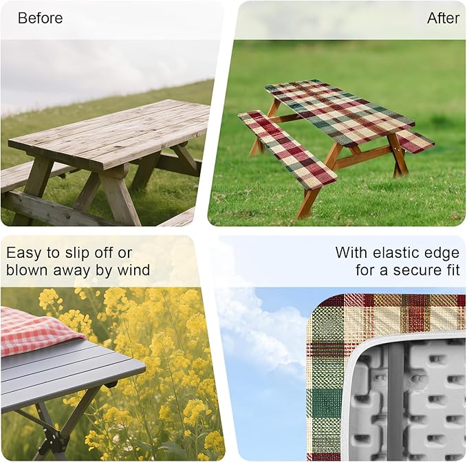ANNA QUEEN Classic Plaid Picnic 6FT Picnic Table Cover with Bench Covers Set of 3 with Drawstring Bag, Checkered 72"x30" Waterproof Picnic Tablecloth & Bench Covers for Outdoor BBQ