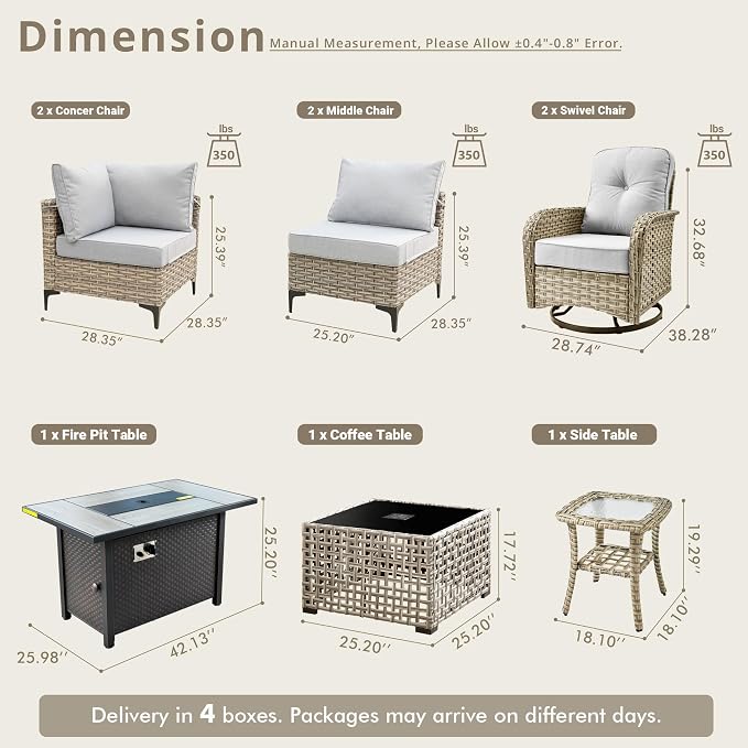9 Pieces Patio Sectional Furniture Set, Outdoor Wicker Sectional Couch with Firepit Swivel Rocker Chairs Solar Lights Table, Modern Conversation Set for Porch Balcony Backyard, Gray