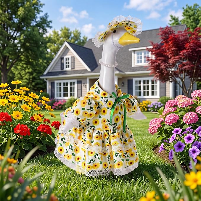 Porch Goose Outfit Flower with Pearl Necklace and Sunflower Hat for 23" Large Statue,Porch Goose Clothes for Outdoor Patio Yard Garden Holiday Decor