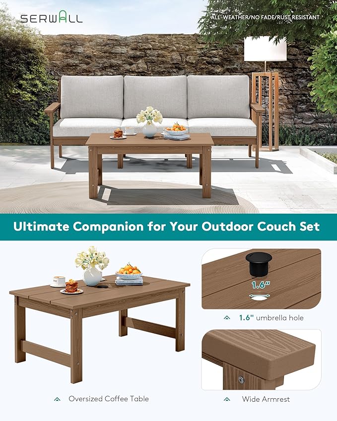 SERWALL HDPE Patio Sofa Set, 4-piece Sectional Outdoor Furniture Set, All Weather Outdoor Couch Set Patio Furniture Set for Deck, Lawn, Brown Frame with Khaki Cushion