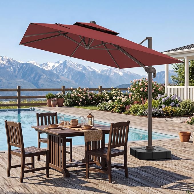 10x10 FT Patio Cantilever Umbrella (Base Not Included) (Base Not Included), Rectangular Heavy Duty Offset Umbrella for 6-8 People, 360°Rotation & Mult Tilt, Double Top Design, for Pool Garden Deck (Red)