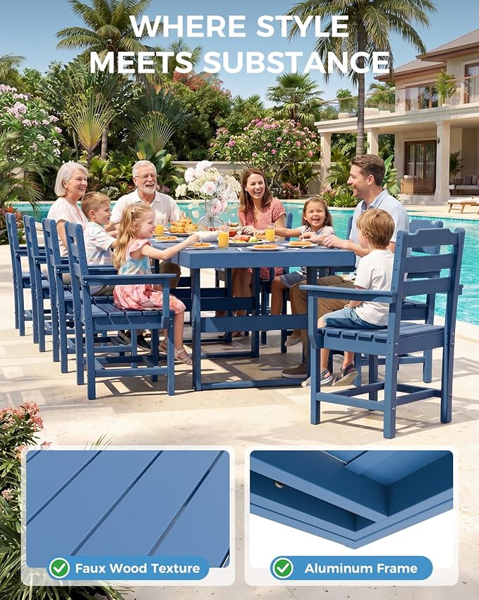 K Knowbody 12-Piece Outdoor Patio Dining Table and Chairs Set, Seats 10 | Steel-Reinforced HDPE, 100 lb/sq ft Load Capacity, 2-Inch Umbrella-Ready Tables, All-Weather, Fade-Resistant, Navy Blue
