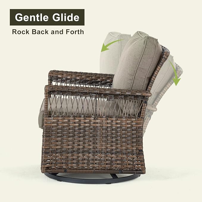 Outdoor Patio Rocking Swivel Chairs - 2PC Wicker Patio Furniture Rocker Chair Set,Rattan Glider Chair with Sturdy Frame,All-Weather PE Wicker and Cushions for Deck Porch Balcony(Brown/Grey)