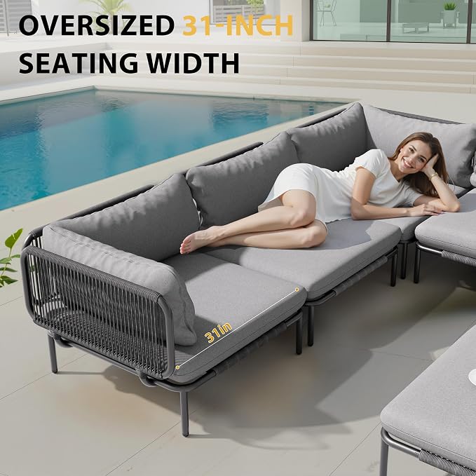 6-Piece Patio Furniture Set, Oversized Outdoor Sectional Sofa with Thick Cushions, Weather-Resistant Metal Frame Conversation Set for Backyard, Garden, Poolside - Dark Grey Cushions
