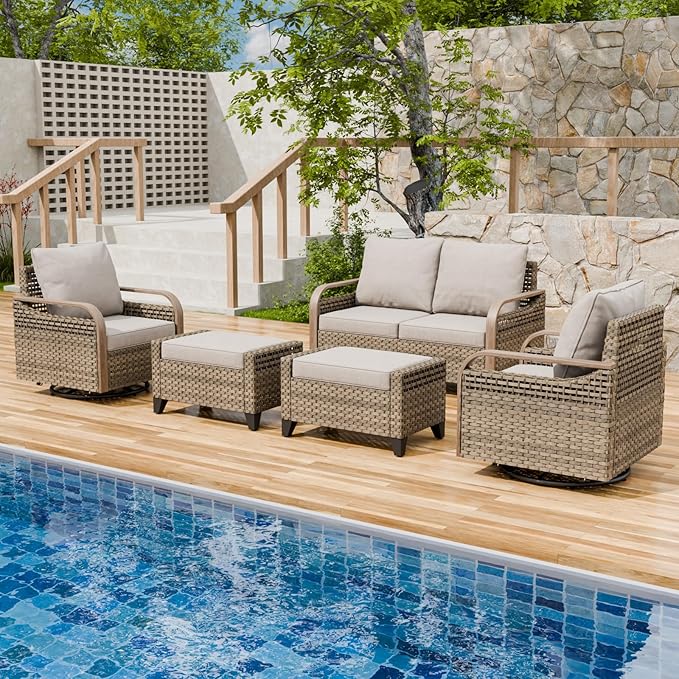 Modern Wicker Patio Furniture Set, Rattan Outdoor Conversation Set with Comfortable Cushions, 2 Swivel Rocking Chairs, 2 Seat Loveseat and 2 Ottomans, 5 Pieces, Brown/Gray
