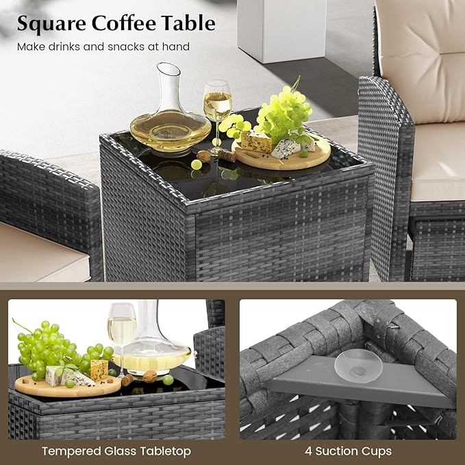 Tangkula 5 Pieces Patio Conversation Set, PE Wicker Rattan Outdoor Furniture Set with 2 Chairs, 2 Ottomans & Tempered Glass Coffee Table, Ideal for Poolside, Backyard, Lawn, Deck, Mix Grey & Beige