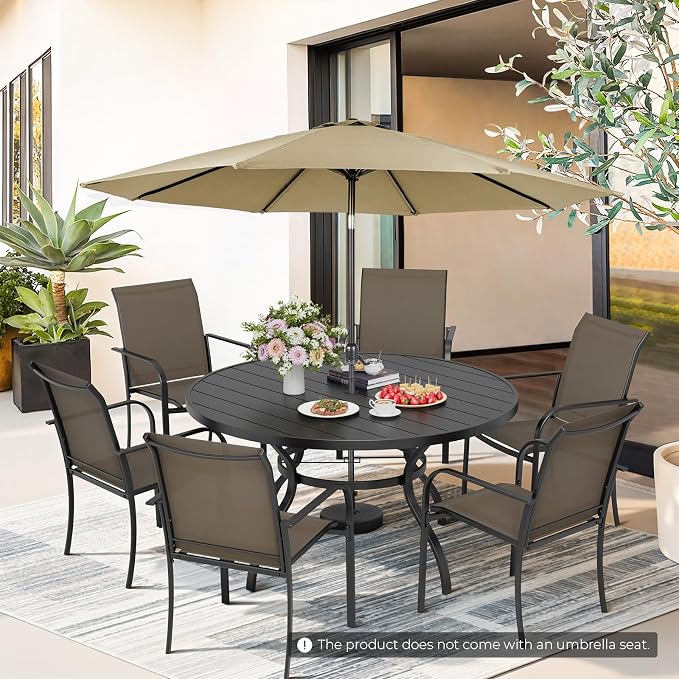 7-Piece Patio Dining Set with Umbrella,6 Person Outdoor Table and Chairs Set, 6 Metal Dining Chairs and Round Outdoor Table with 1.57" Umbrella Hole,Khaki