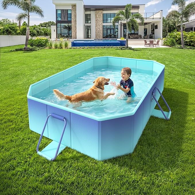 HeySplash Foldable Pool, Non-Inflatable Swimming Pool with Rigid Puncture-Proof Hard Composite Board, Kiddie Pool Outdoor Pool, Adults & Kids Pool for Backyard Garden Dog Pool 59"×45"×17", Ice Blue