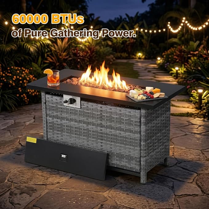 6 Piece Patio Furniture Set with Fire Pit,360°Swivel Patio Chairs Set of 2, Outdoor 2 Sofas,Side Table,Cozy 60,000 BTU Rectangle Fire Pit Table, Wicker Patio Sets with 6 Inch Thick Cushions