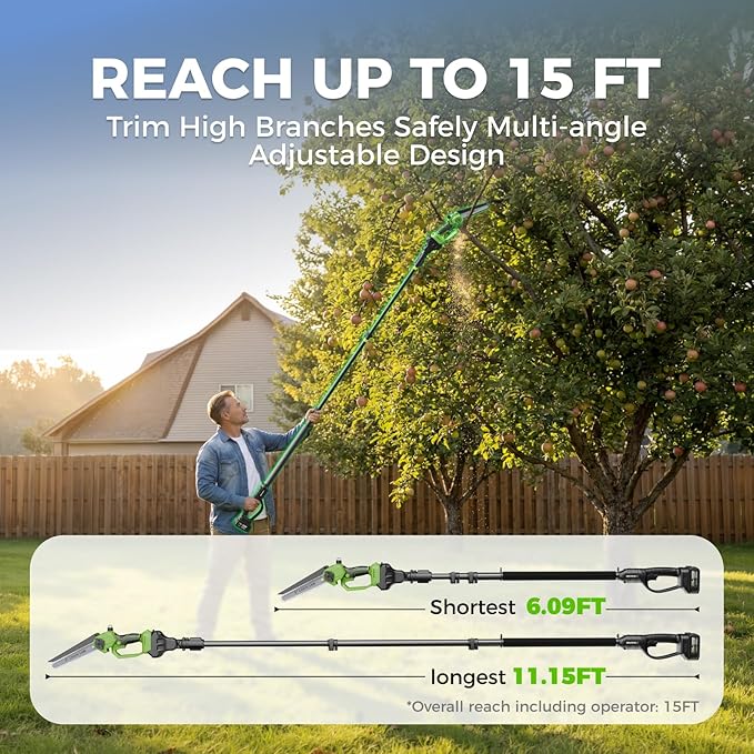 2-in-1 Cordless Pole Saw & Mini Chainsaw 20V 3.0Ah*2 8-Inch 15FT Reach Electric Tree Trimmer Battery Powered Chainsaw with Extension Pole for Tree Trimming Branch Cutting Pruning