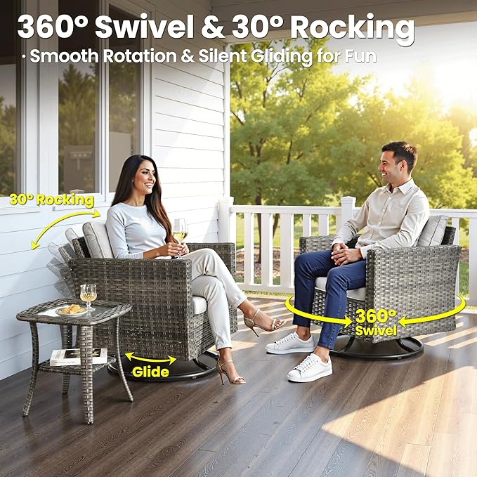 ovios 8 Pieces Patio Furniture Set, Outdoor Wicker Sofa Couch with Swivel Chairs, Rocking Glider Rocker with Comfy Cushions All Weather Rattan Conversation Set, Grey