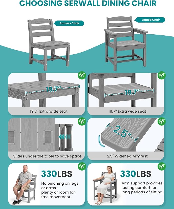 SERWALL 59" Outdoor Dining Set for 6, Light Gray | Include 1 Rectangular Dining Table and 6 Armless Chairs, All Weather Dining Sets for Garden, Backyard