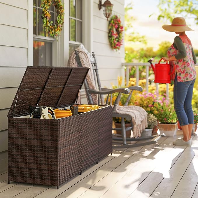 175-Gallon Rattan Deck Storage Box for Outdoor Tools
