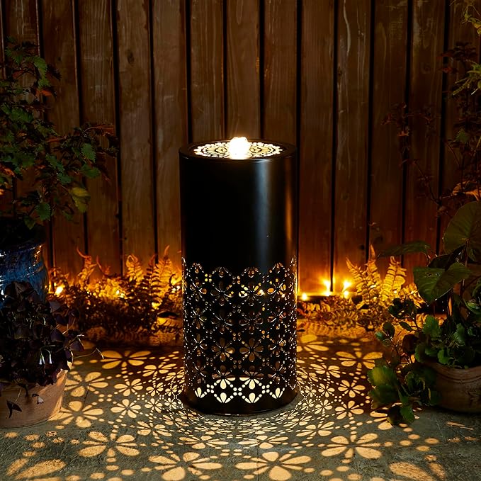 Glitzhome Metal Fountain Outdoor Water Fountain Bird Bath with LED Light, Pump & Adapter, Modern Metal Cutout Flower Water Fountains 24"H, Outside Garden Patio Floor Waterfall for Backyard Porch Decor
