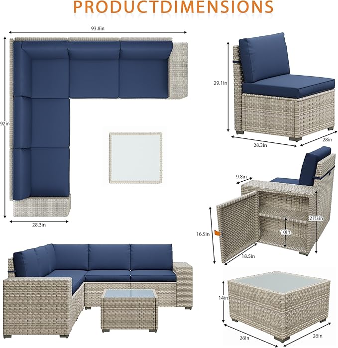 12 Piece Patio Furniture Set, 8" Wide Arm Sectional Sofa Set with Coffee Table, High-Back All-Weather Rattan Outdoor Conversation Set for Garden, Porch, Lawn, Blue