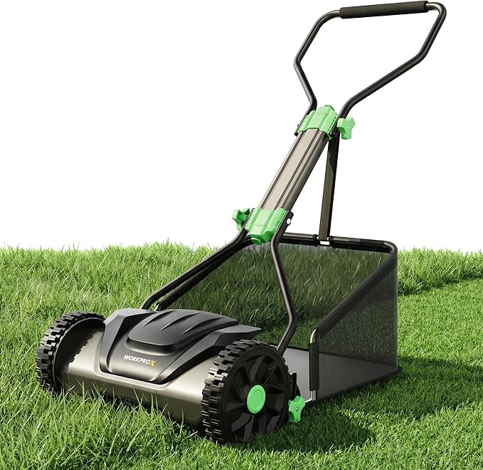 WORKPROX 16-Inch Push Reel Lawn Mower, Adjustable Height 5-Blade Reel Mower with Removable 8-Gallon Grass Catcher for Yards and Gardens, Black