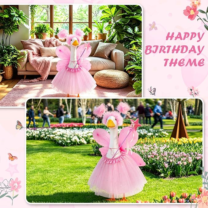 5pcs Butterfly Porch Goose Outfit Costume Tutu Skirt Butterfly Wing Wand Flower Crown for 17‘' 23‘' Cement Goose