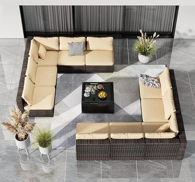 11 Piece Patio Furniture Set All Weather PE Rattan Outdoor Sectional Sofa Couch with No-Slip Cushions and Glass Top Table for Garden, Poolside, Backyard (Beige)
