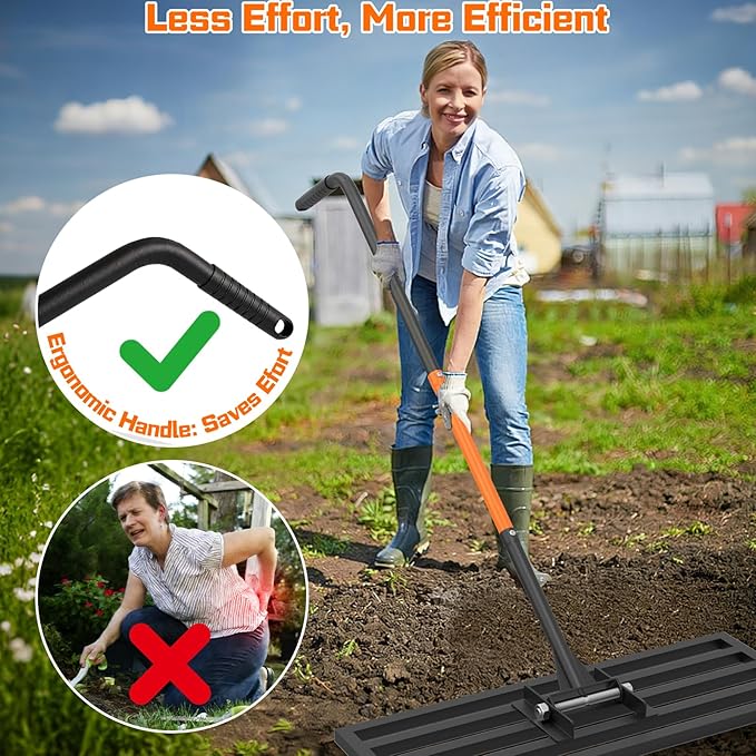 COZEER 30" x 10" Lawn Leveling Rake, Heavy Duty Stainless Steel Leveler Tool with 78" Adjustable Handle, Garden Yard Lawn Care for Garden, Golf Course, Farm and Pasture