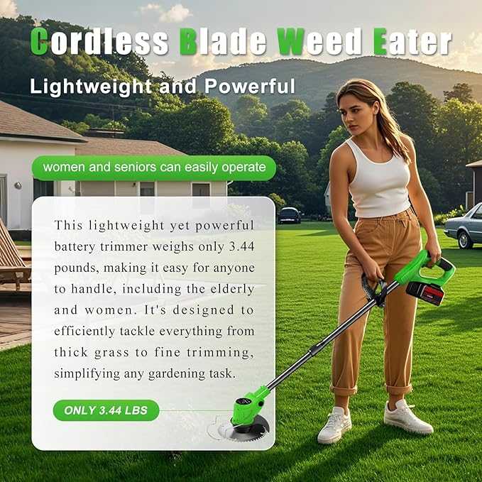 21V Electric Weed Wacker Cordless String Trimmer Battery Powered Grass Trimmer with 90° Adjustable Head 2 X 2.0Ah Battery and Charger Lightweight Brush Cutter Edger Lawn for Garden Yard,Green