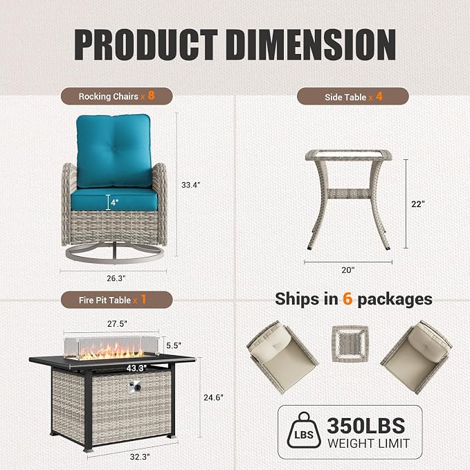 10Pcs Patio Rocking Swivel Chair with 55,000 BTU Fire Pit Table Outdoor Wicker Rattan Bistro Set with Tempered Glass Side Table, Outdoor Patio Furniture Set for Garden and Balcony, Turquoise