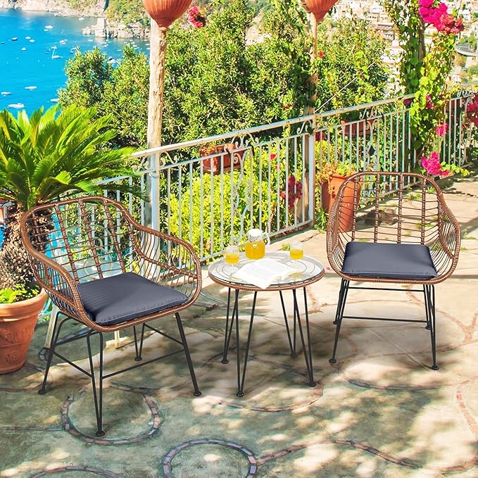 DORTALA 3 Piece Patio Bistro Set, Outdoor Wicker Furniture with Round Tempered Glass Top Table & 2 Rattan Armchairs, Cushions, Conversation Set for Porch, Backyard, Garden, Grey