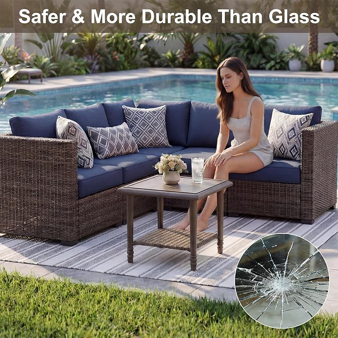 Wicker Outdoor Side Table, Heavy Duty Iron Patio Table for Porch Balcony Deck Garden Poolside
