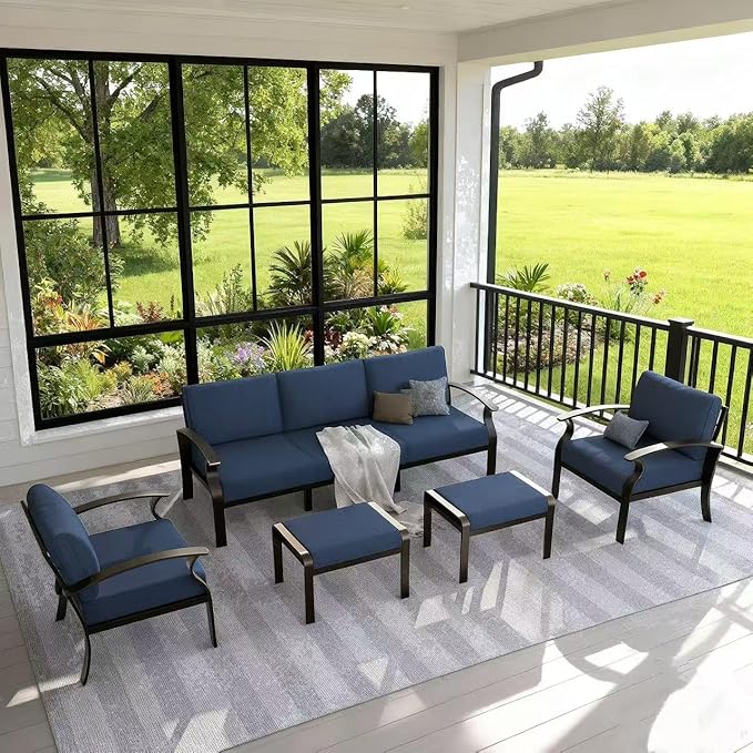Gotland Aluminum Patio Furniture Set, Metal Outdoor Furniture with 2 Ottomans 5.1’’ High-Resilience Seat Cushions, 5 Piece Patio Set, Oversized Outdoor Sectional Patio Conversation Sets, Navy