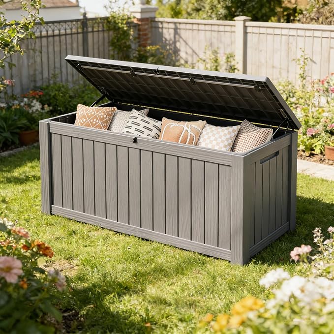 Fancyango 250 Gallon Outdoor Deck Box Waterproof, Large Storage Box for Patio, Resin Storage Bench Lockable for Garden Tools, Package Delivery, Grey