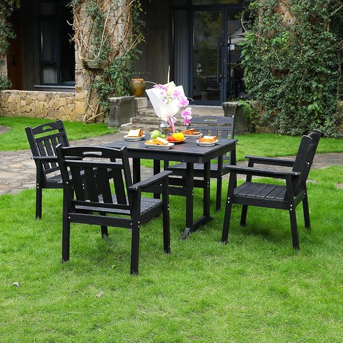 5-Pcs Outdoor Patio Dining Table Set of 5, Outdoor Patio Square 35'' Dining Table and Armchair for Lawn Garden Backyards Pool Side, Waterproof HDPE Material & 1.95'' Umbrella Hole, Black