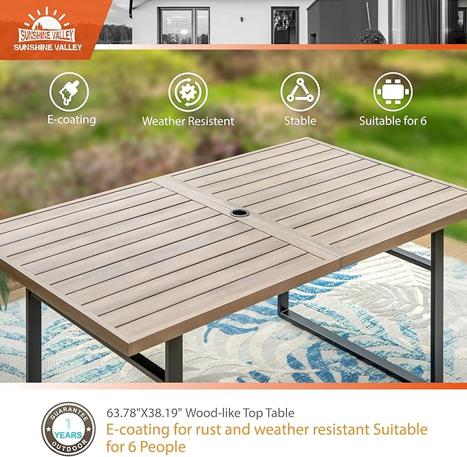SUNSHINE VALLEY 7 Piece Patio Dining Sets for 6, Outdoor Table and Chairs Set with 1 Patio Dining Table(1.61"-2" Hole) and 6 High Back Patio Chairs, Outdoor Dining Sets for Deck Backyard