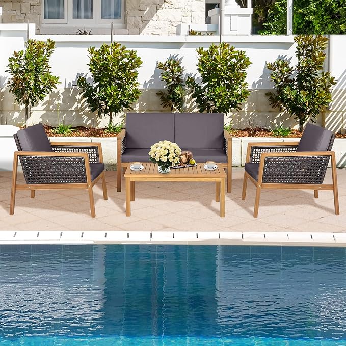 8 Pieces Outdoor Acacia Wood Furniture Set, Outdoor PE Wicker Conversation Set with Coffee Table and Soft Cushions, Outdoor Sofa Set for Garden, Poolside and Backyard (2, Grey)