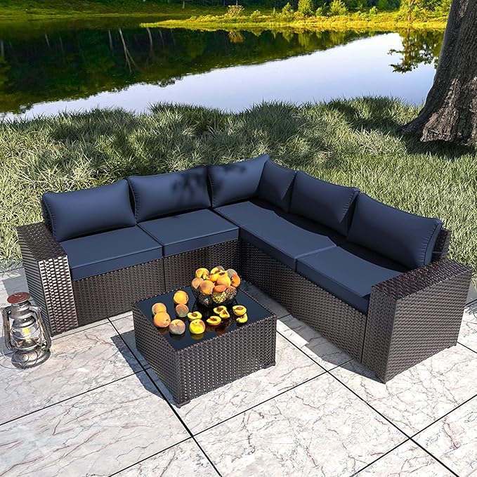 6 PCS Outdoor Patio Furniture Set,Outdoor Sectional Furniture All Weather PE Rattan Wicker Patio Conversation Set with Coffee Table and 5 Thickened Cushions,Navy Blue