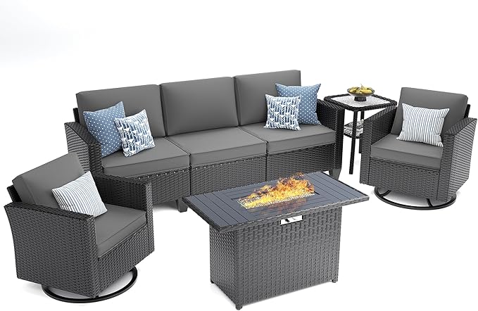 UDPATIO Patio Furniture Set with Fire Pit Table, Rocking Swivel Chairs, 5 Pieces Outdoor Furniture Sets, All-Weather Wicker Outdoor Sectional Sofa with Waterproof Cover, 4'' Thickened Cushion, Grey