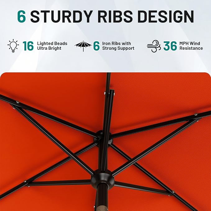 AreShark 6.5' x 10' Rectangular Patio Umbrella with Solar Lights, Solar Powered Lighted Market Umbrella w/Tilt and Crank, Outdoor Table Umbrella for Garden, Deck, Backyard, Pool and Beach, Orange