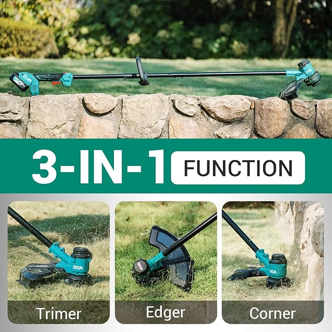 DCA 20V 14" String Trimmer Cordless, 3-in-1 Brushless Weed Eater with Auto Feed, 2-Speed Electric Grass Trimmer with Dual Safety Switch, includes 4.0Ah Battery & Charge, Shoulder Strap for Garden Tool
