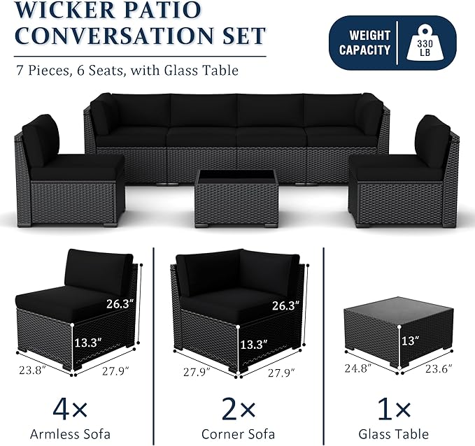 Patio Furniture Set, 7 Pieces Outdoor Sectional Sofa Set with Waterproof Cover, Black PE Wicker Rattan Slanted Back Outdoor Conversation Set with Cushions and Glass Coffee Table, Black
