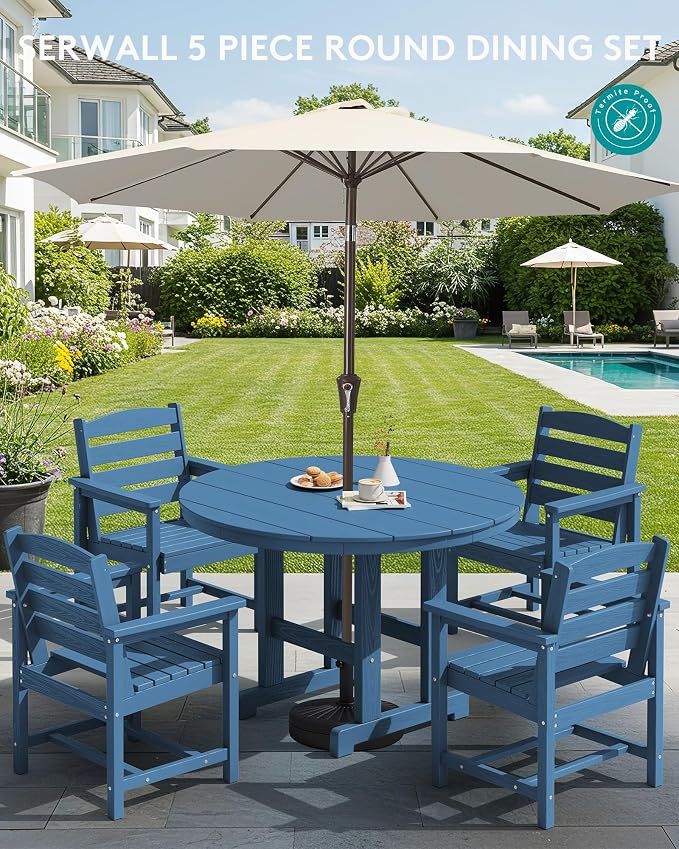SERWALL 6-Piece Patio Dining Sets, HDPE Outdoor Table and Chairs Furniture Set with Umbrella, 45" Round Dining Table & 4 Dining Chairs & 1 9FT Umbrella, Navy(Not Include Umbrella Base)