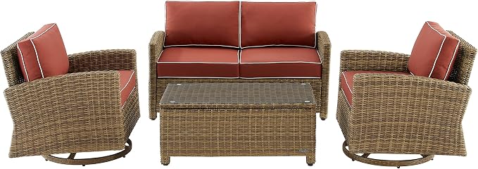 Crosley Furniture Bradenton 4-Piece Wicker Outdoor Loveseat and Swivel Rocker Patio Furniture Set for Porch, Brown with Sangria Cushions