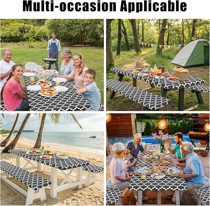 Smiry Picnic Table Cover with Bench Covers, Waterproof Elastic Fitted Tablecloth for 5 Foot Tables, Washable Polyester Tablecloths for Camping, Indoor & Outdoor (Dark Grey, 30x60 Inch 3-pc Set)