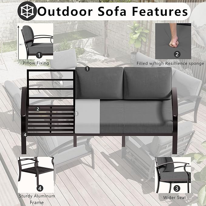 Aluminum Patio Furniture Set with Fire Pit Table, 7 Seats Outdoor Patio Conversation Sets with Swivel Chair Modern Metal Sectional Sofa with Upgrade Cushions for Patio, Backyard