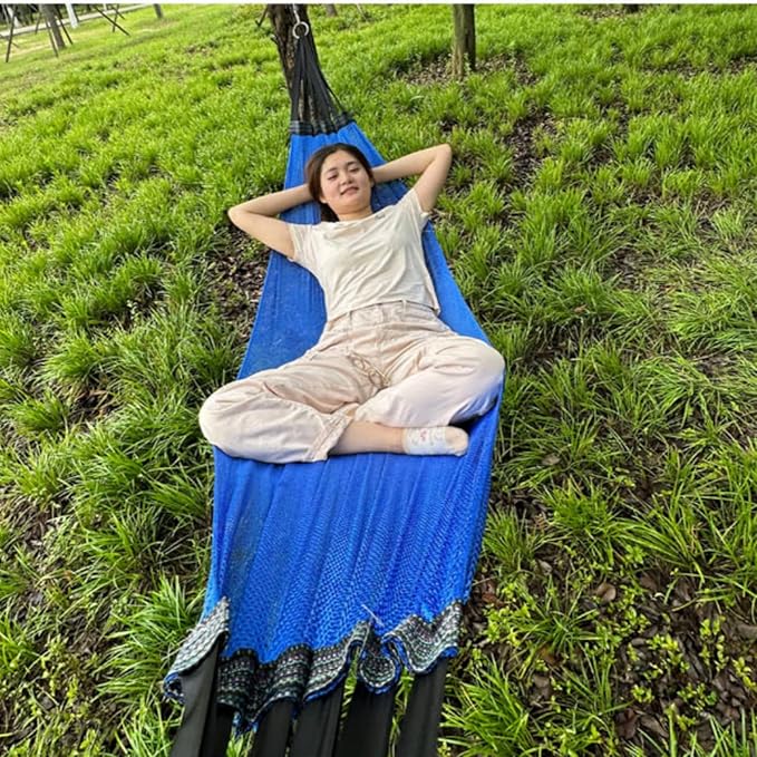 Portable Camping Hammock, Cool Ice Silk Mesh Hammocks with Tree Straps Carry Bag, Single Hanging Sturdy Hammock for Travel Patio Garden. Up to 550lbs. Blue