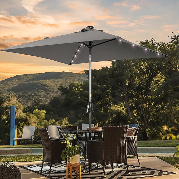 Square Patio Umbrella With Solar Lights, 6.5x6.5ft Square Umbrella Outdoor Patio with Tilt and Crank for Pool, Deck, Garden,Backyard