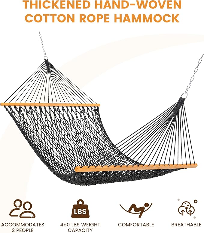 Lazy Daze Hammocks Double Rope Hammock, 2 Person Traditional Outdoor Hand Woven Cotton Rope Hammock with Spreader Bar, Carabiners, Tree Straps, Chains for Patio Yard - Max 450 Lbs, Dark Grey